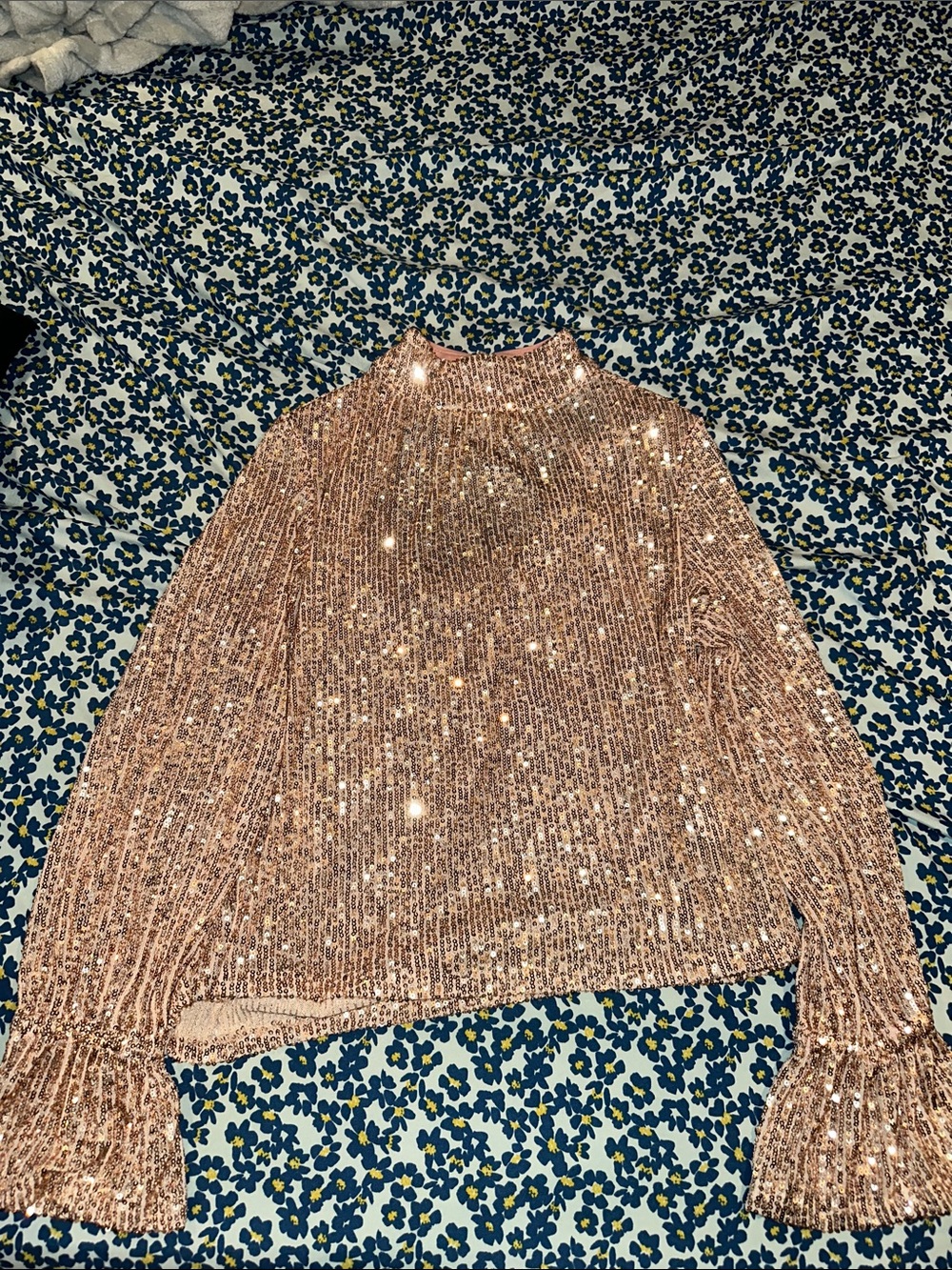 Women's Rose Gold Sequin Mock Neck Blouse